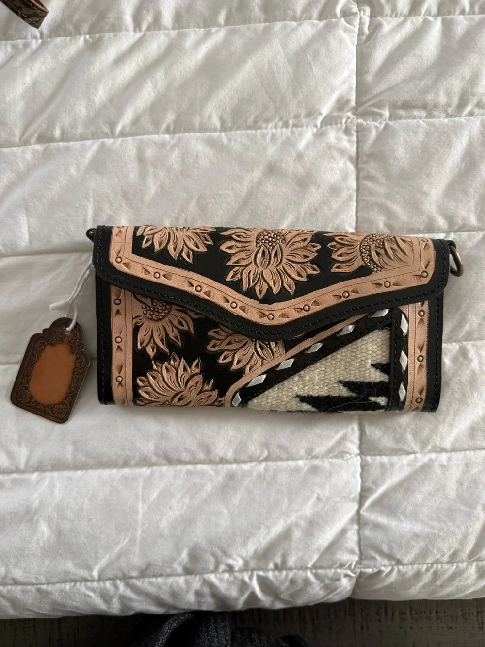 Leather Floral Embossed Foldover Wallet Clutch in Black and Tan
